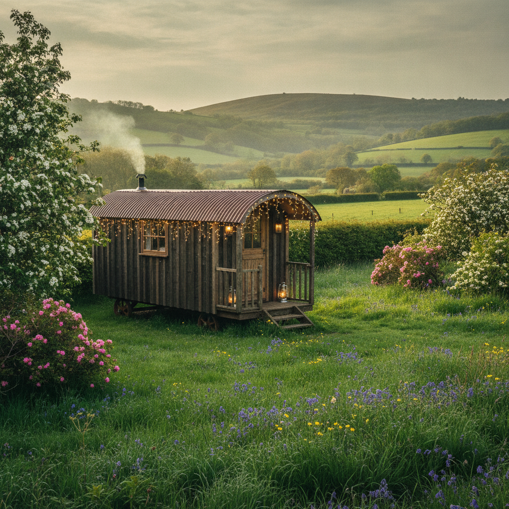 A cosy shepherd's hut glamping accommodation in a UK spring countryside setting