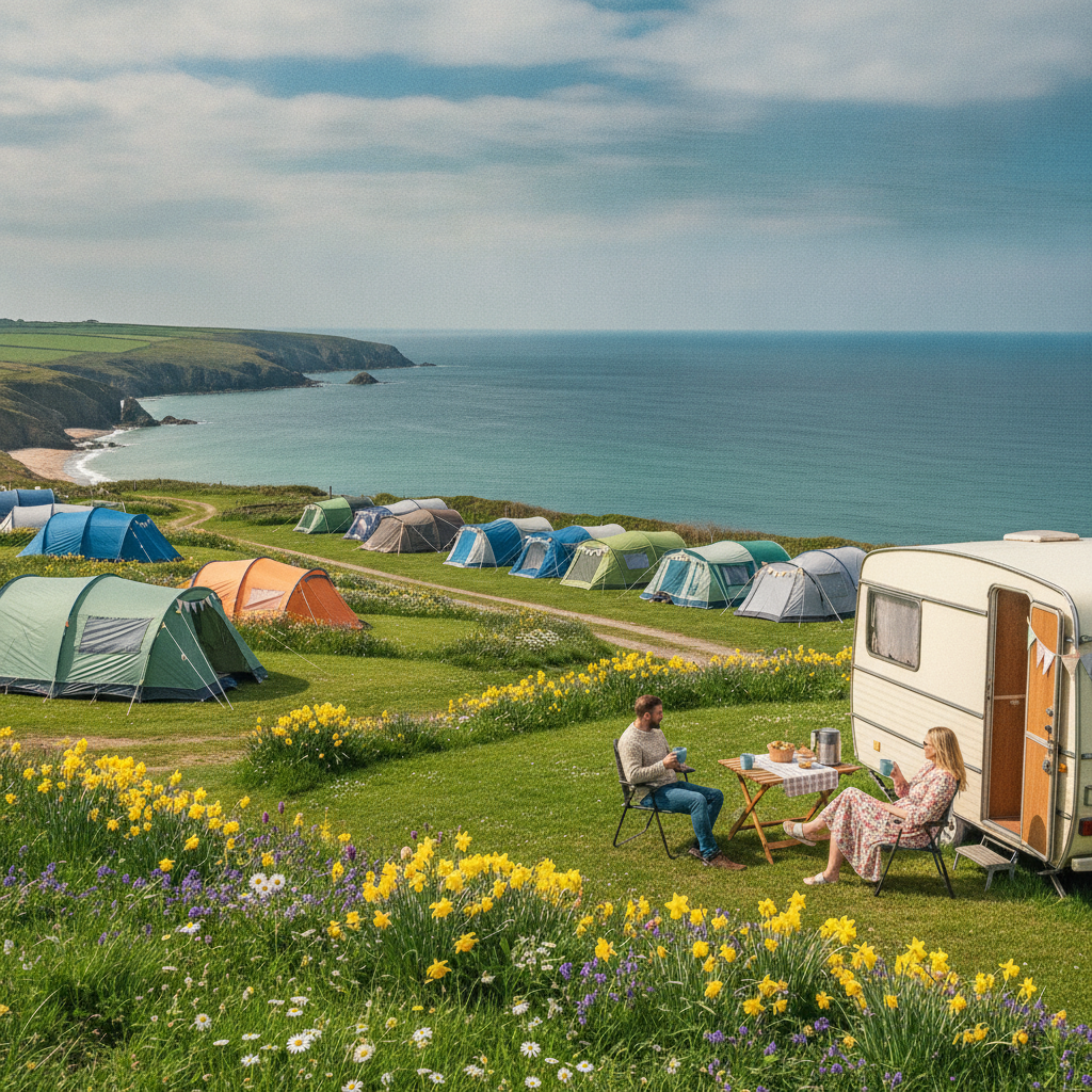 A clifftop coastal campsite in Cornwall with tents, caravans, and sea views on an Easter holiday