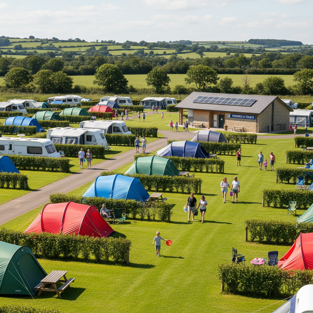 A tidy UK holiday park with tents and caravans on green pitches on a sunny day