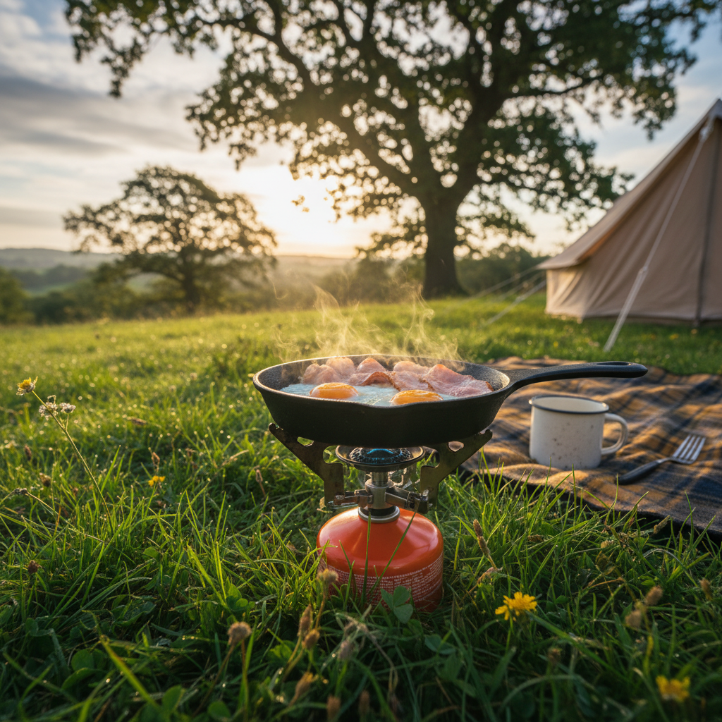 Bacon and eggs cooking on a small camping stove at a UK campsite on a sunny morning