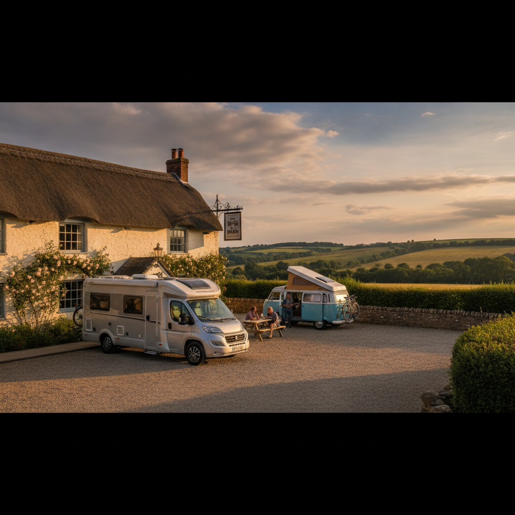 A campervan and motorhome parked at a country pub for a stopover in the British countryside