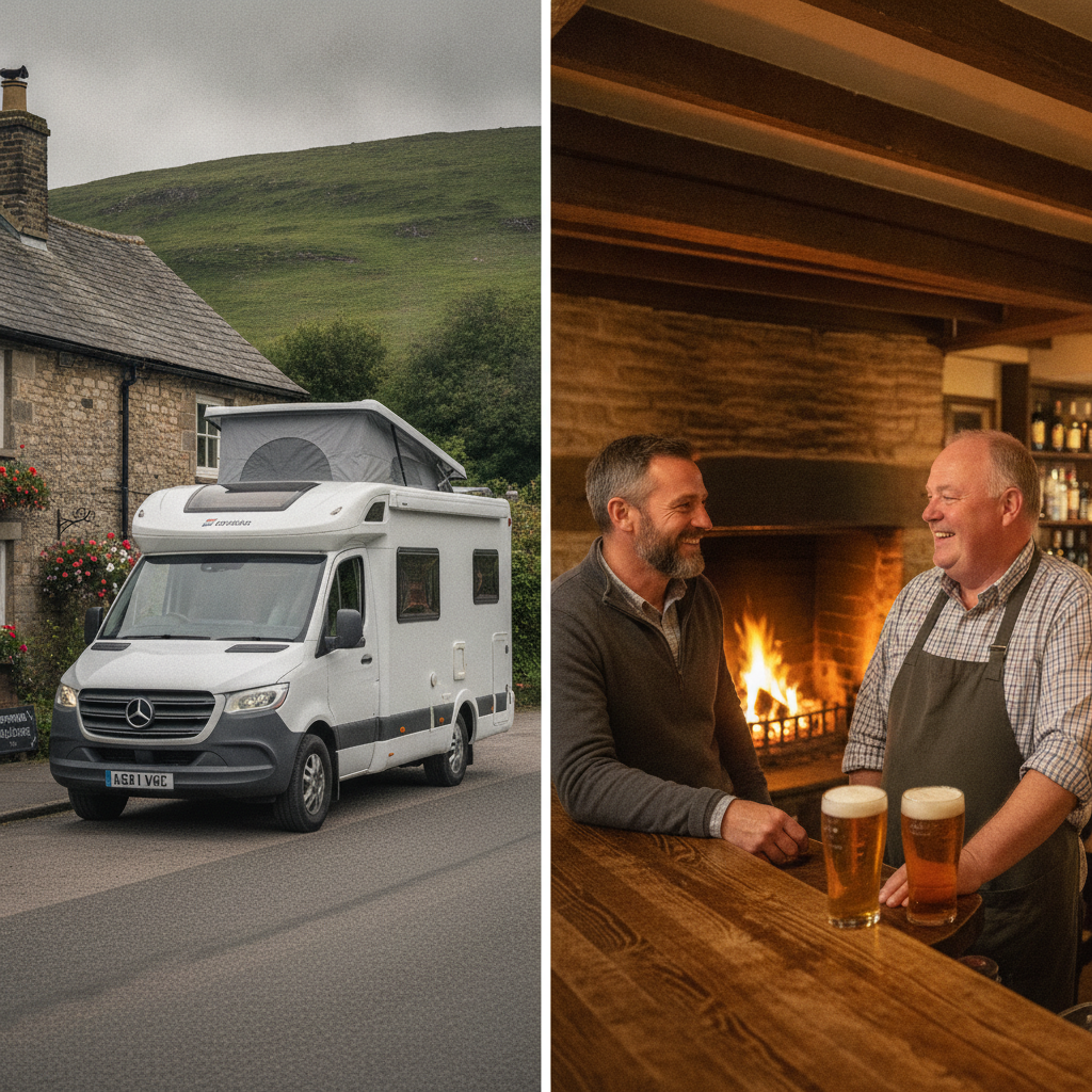 A motorhome owner chatting with a pub landlord at the bar during an overnight pub stopover