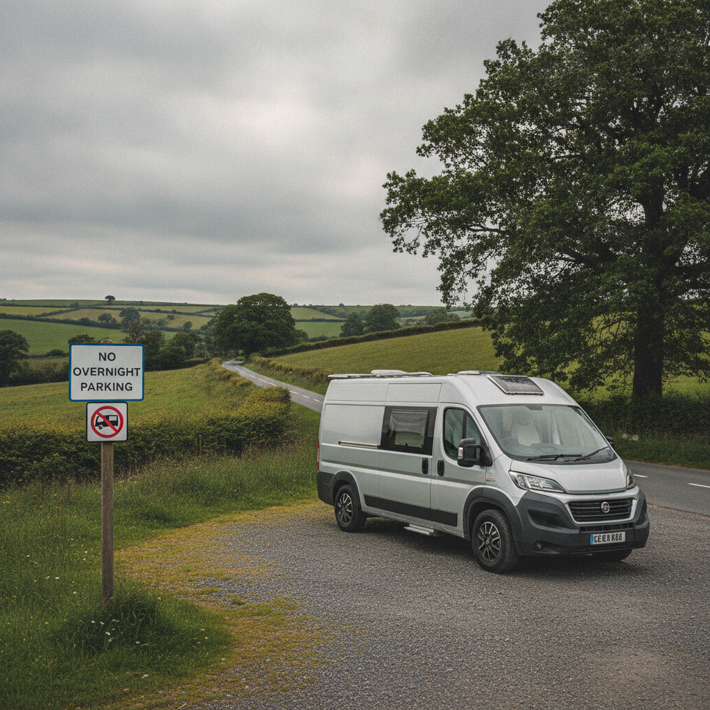 A UK roadside sign prohibiting overnight parking beside a rural lay-by
