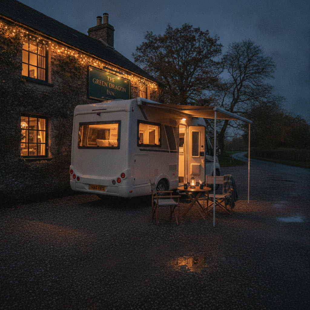 A motorhome parked legally overnight in a British pub car park with the pub lit up in the background