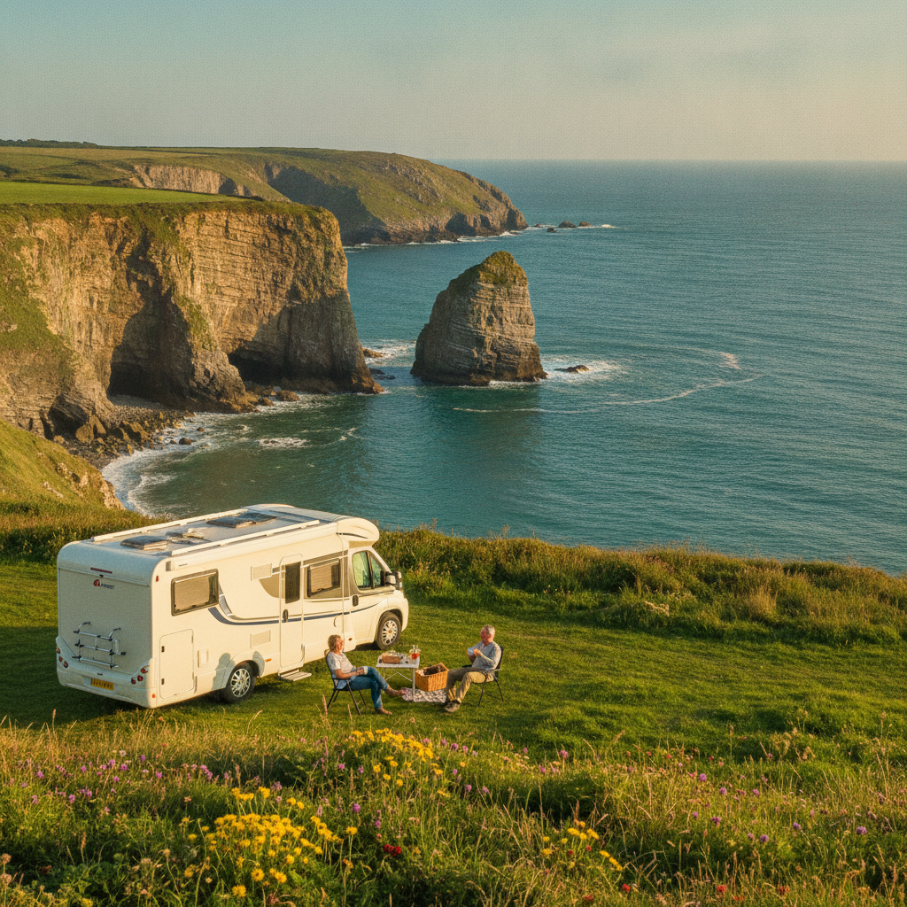 A motorhome parked near dramatic sea cliffs on the Pembrokeshire Coast in Wales on a sunny day