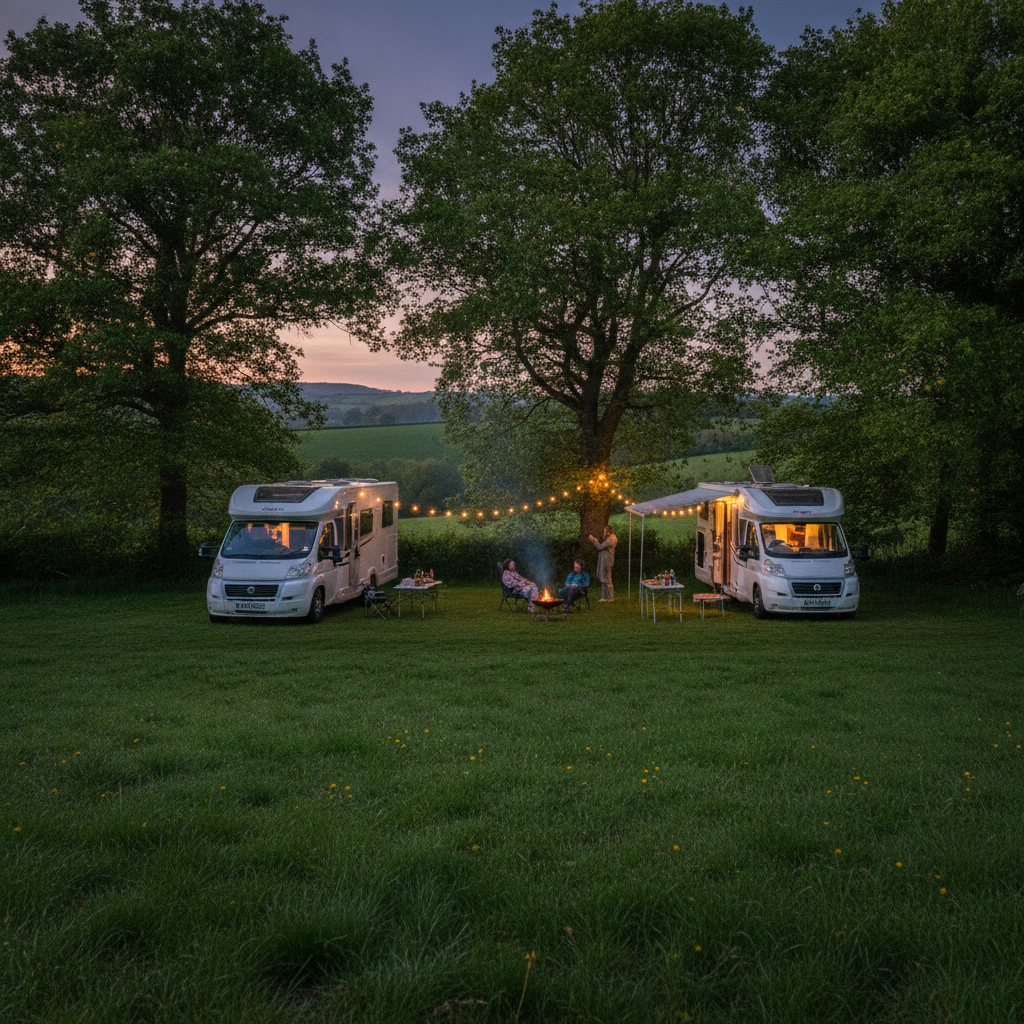 Two motorhomes parked on grass pitches at a small rural UK campsite at dusk with fairy lights