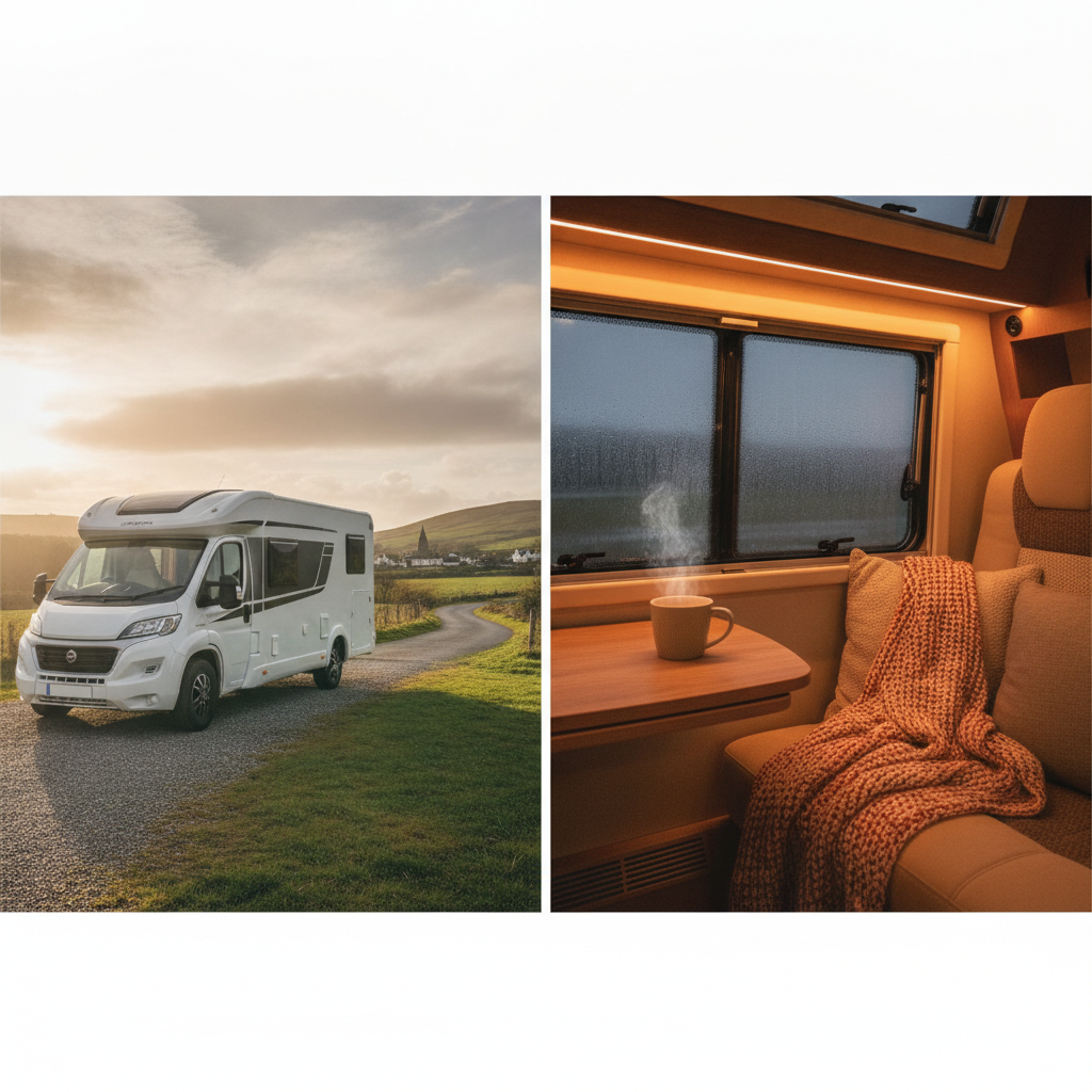 Cosy motorhome interior on a winter evening with warm lighting and a steaming mug on the table