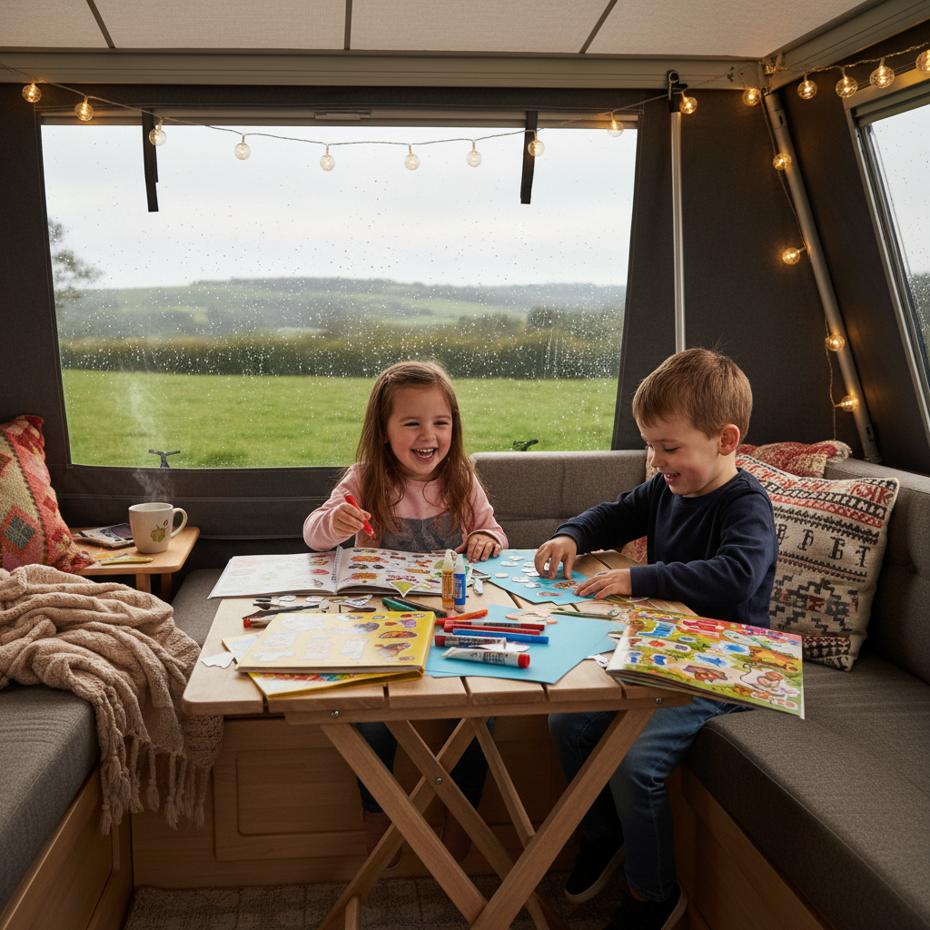 Children doing arts and crafts inside a caravan awning on a rainy camping day