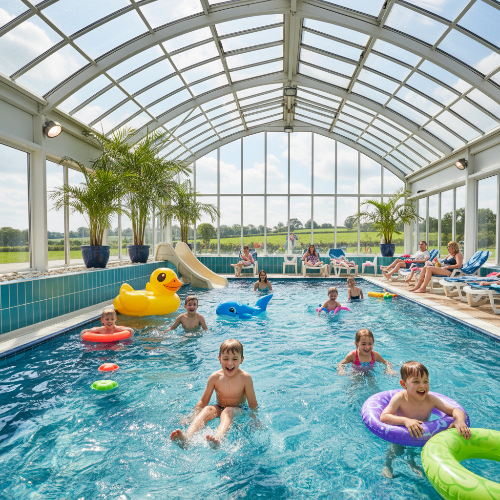 Children enjoying an indoor swimming pool at a UK family holiday park on a rainy day