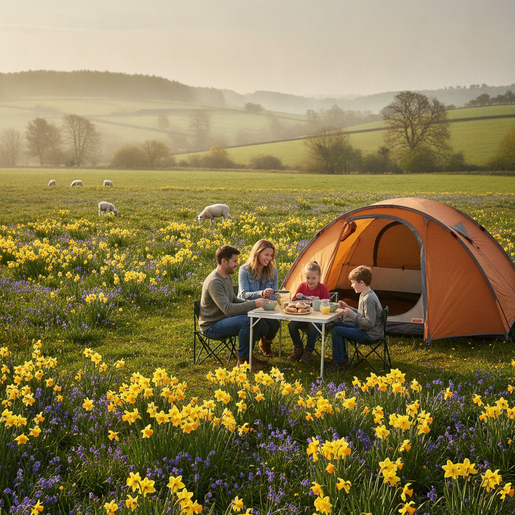 Family having breakfast outside their tent on an Easter camping break in the UK countryside with bluebells and lambs in the background