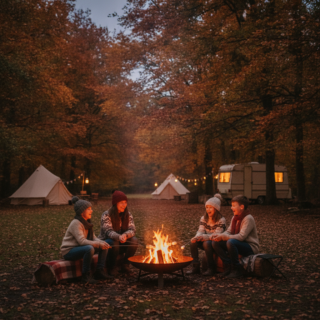 Family roasting marshmallows around a fire pit during an October half-term camping break surrounded by autumn woodland