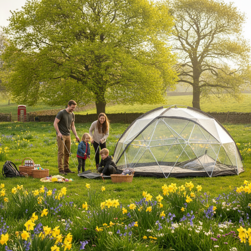 Family setting up a dome tent at a UK campsite during the Easter holidays surrounded by spring greenery