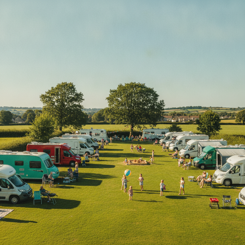 A busy UK holiday park in summer with caravans, motorhomes, and families enjoying the sunshine