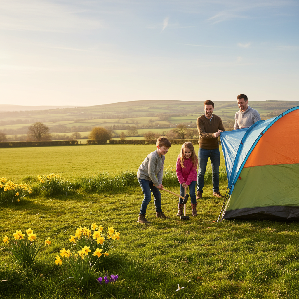 Family pitching a tent at an Easter camping holiday in the UK countryside with daffodils in bloom