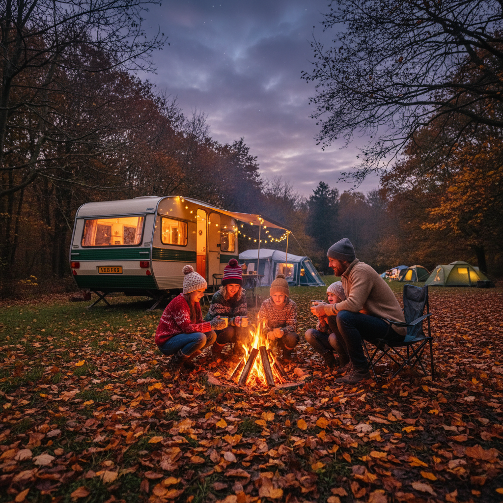 Family sitting around a campfire at an autumn half-term camping holiday in the UK with golden leaves and a caravan in the background