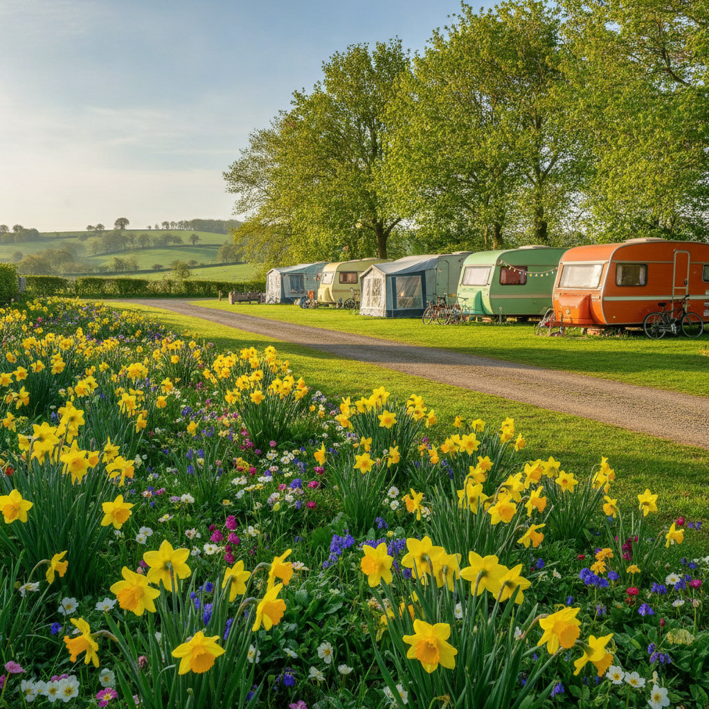 Caravan site in spring with daffodils in the foreground and rolling green hills in the background