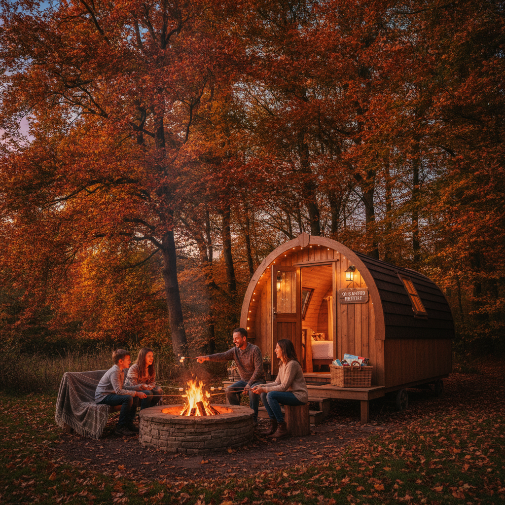 Family roasting marshmallows outside a cosy glamping pod surrounded by golden autumn trees