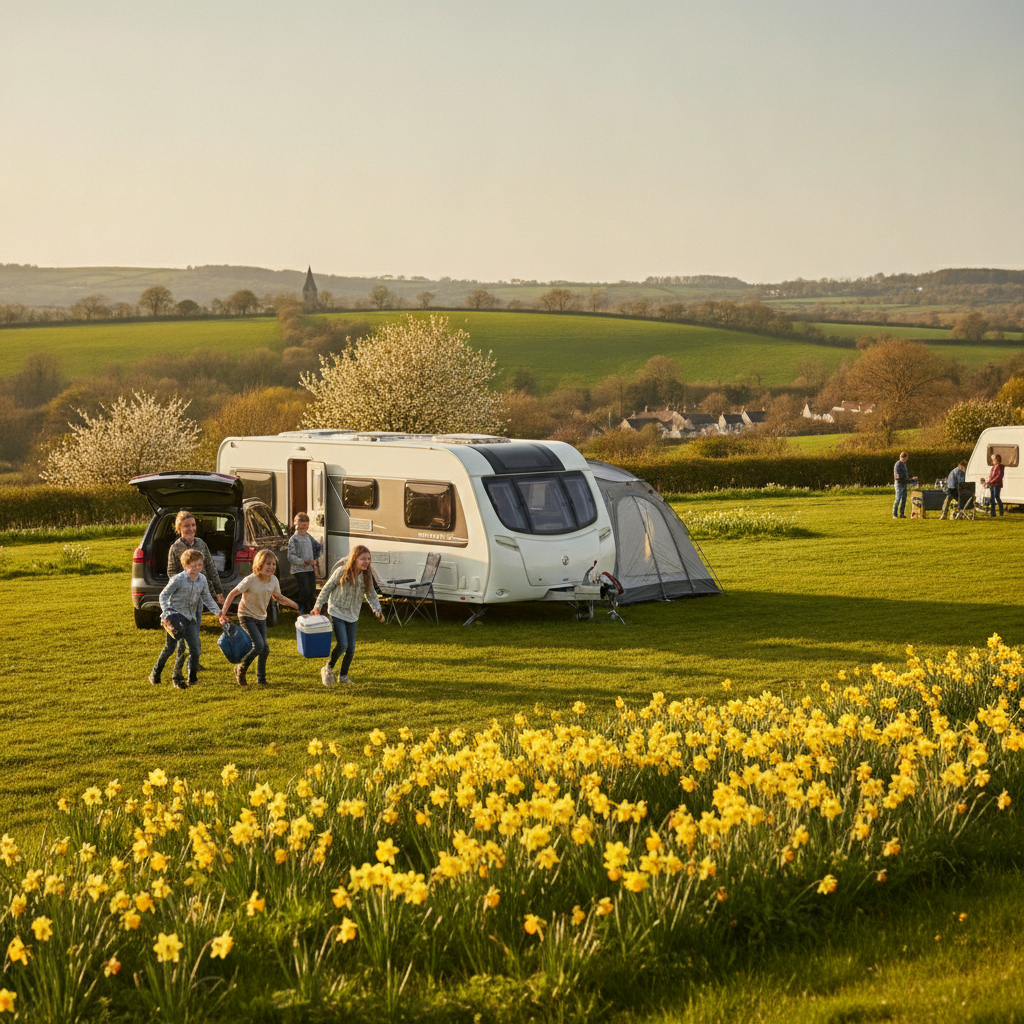 A family unloading a caravan at a UK holiday park during Easter holidays with spring daffodils in the background