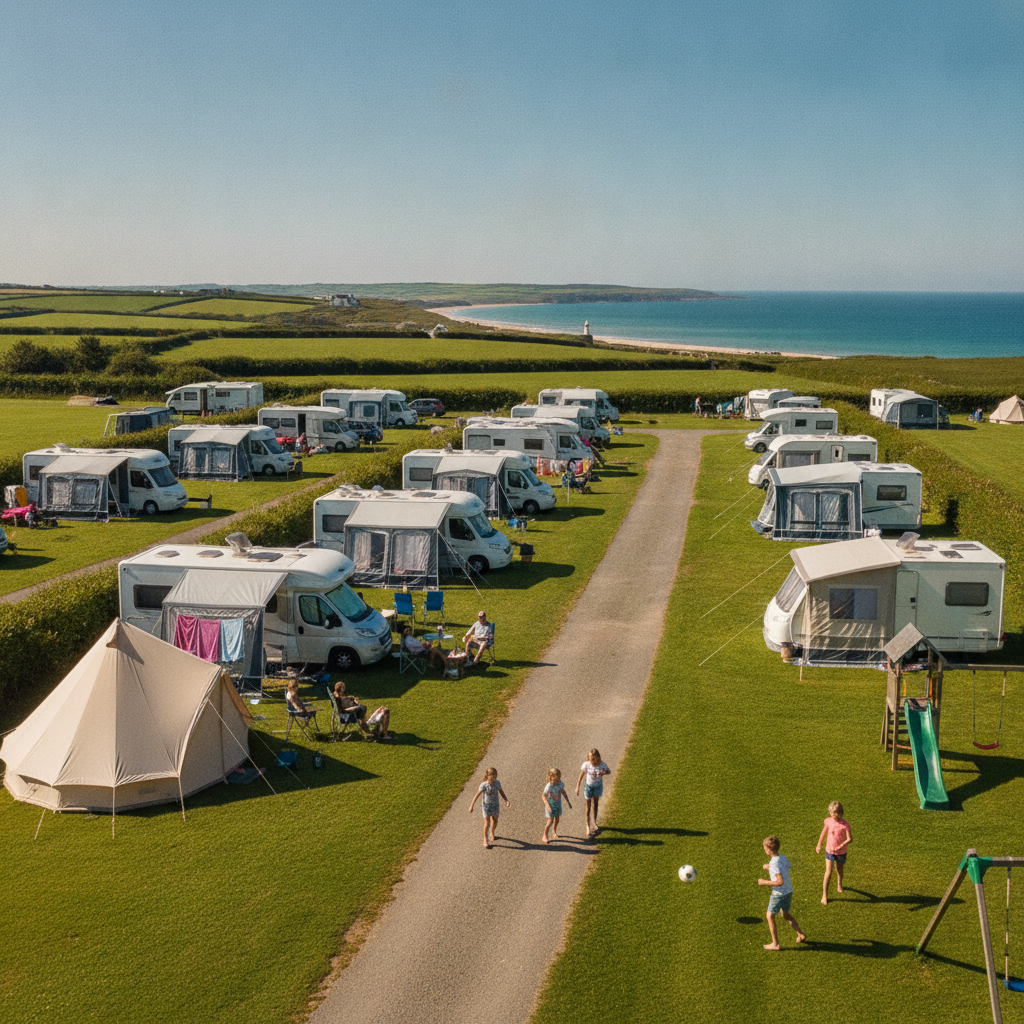 A busy UK campsite in summer with caravans, motorhomes and families enjoying sunny weather
