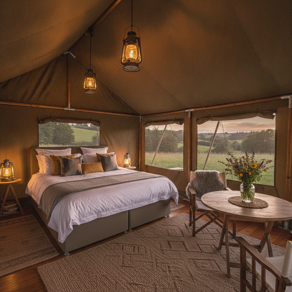 Inside a luxury safari glamping tent with a double bed, lanterns and wooden furnishings in the UK countryside