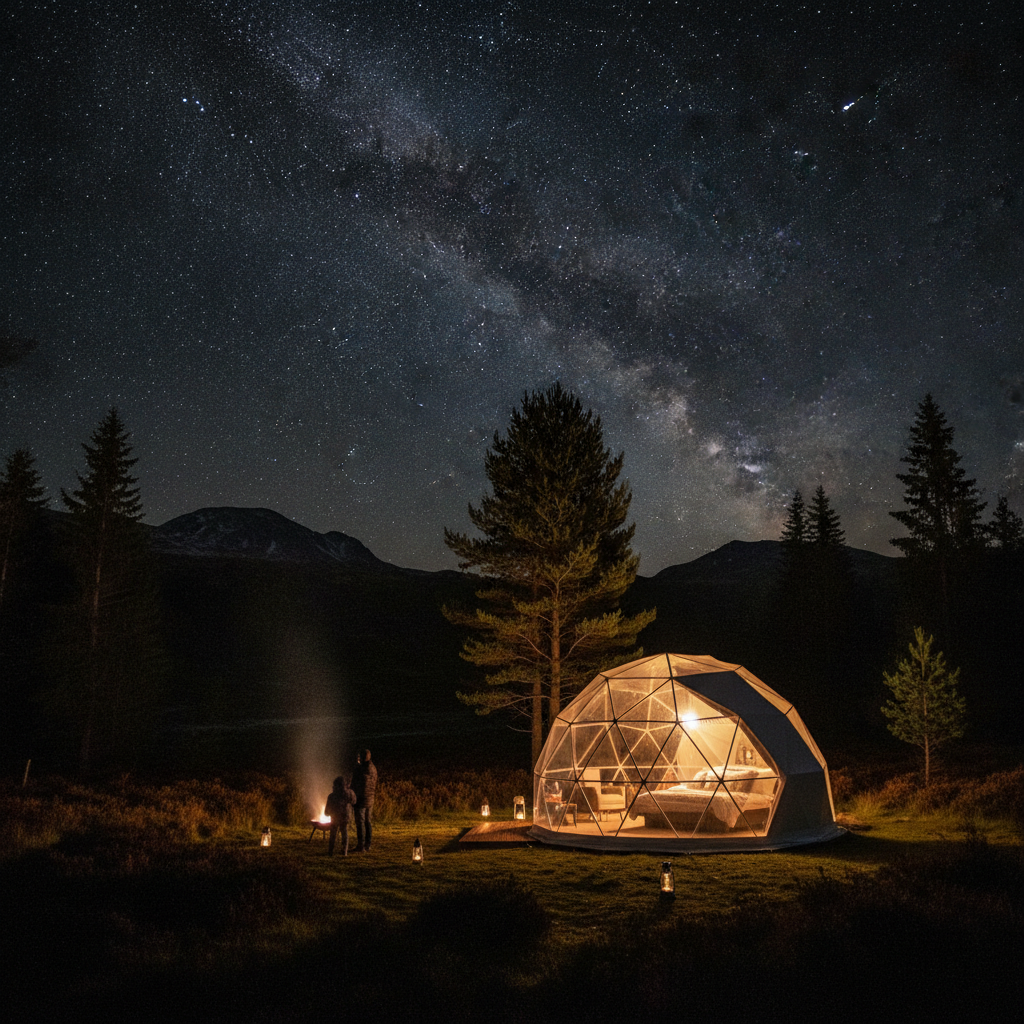 A glamping geodesic dome at night with starry sky visible through the transparent roof panel in rural UK
