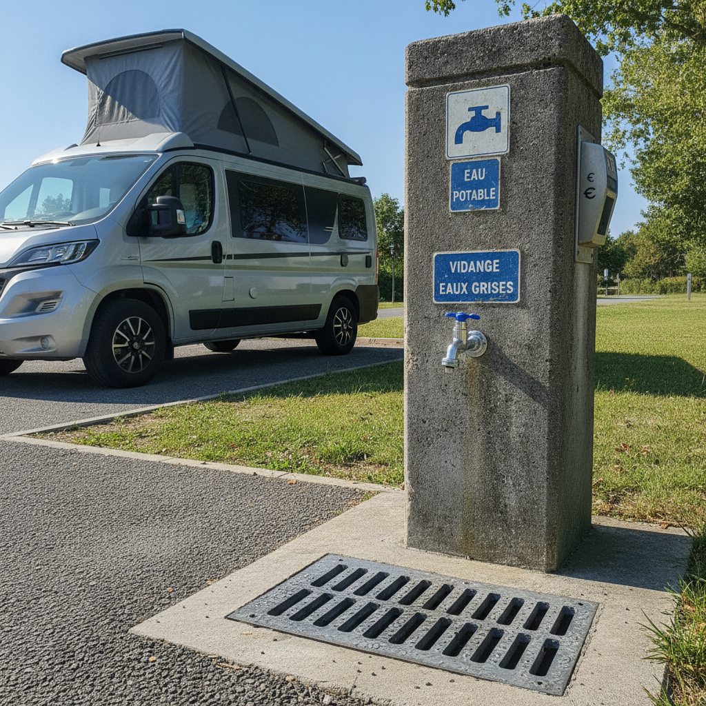 A French aire de service borne with water tap, waste drain and coin slot