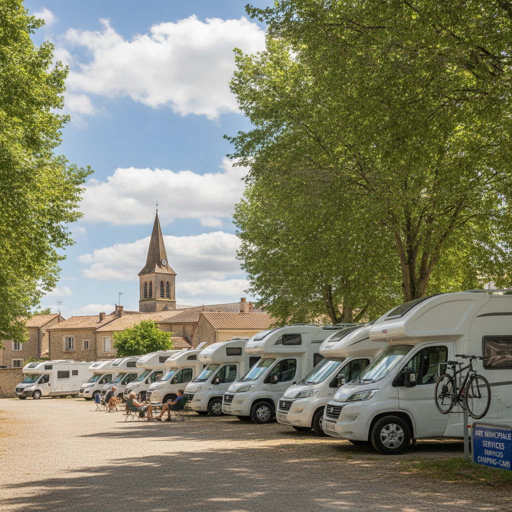 Several motorhomes parked at a French municipal aire with a village church visible in the distance