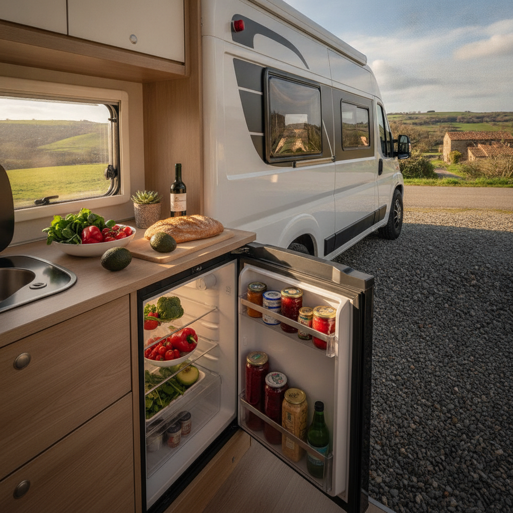 Inside a motorhome kitchen with a fridge stocked with compliant foods including vegetables, tinned fish, bread and plant-based items