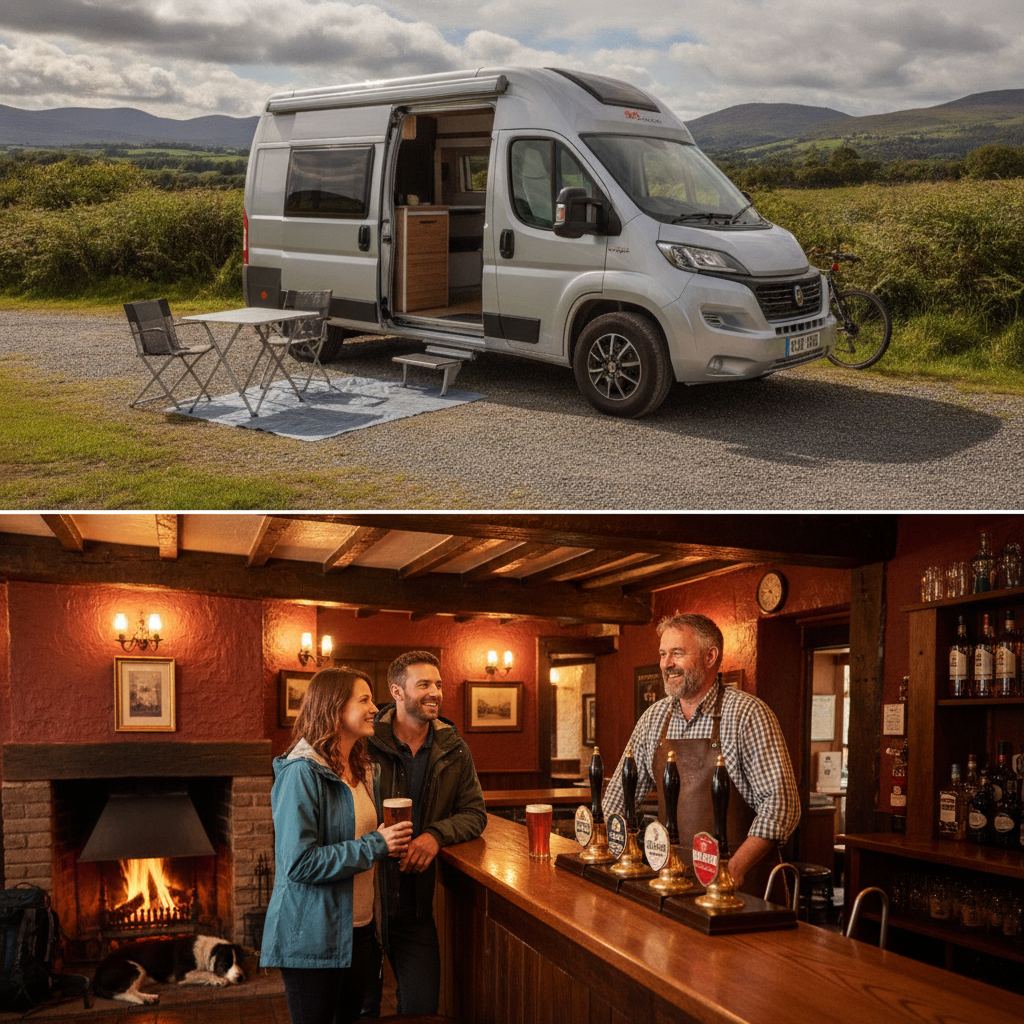 A friendly British pub interior with a landlord behind the bar welcoming motorhome travellers