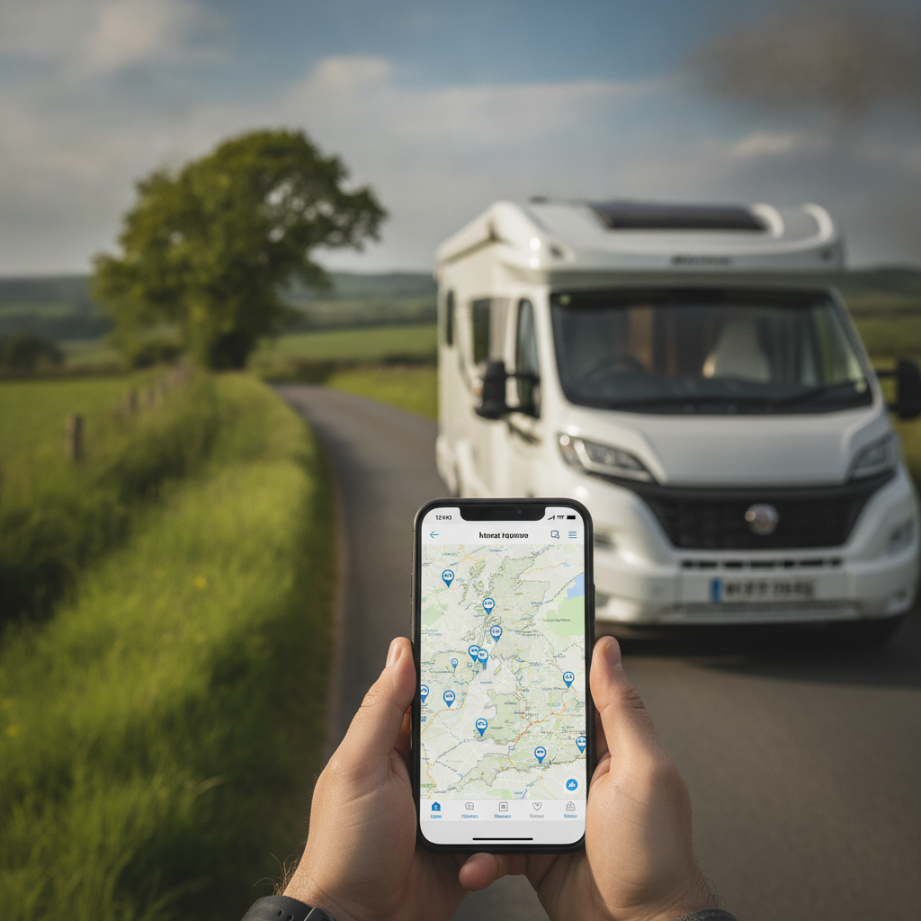 A motorhome owner using a smartphone map to find motorhome stopovers on a UK road
