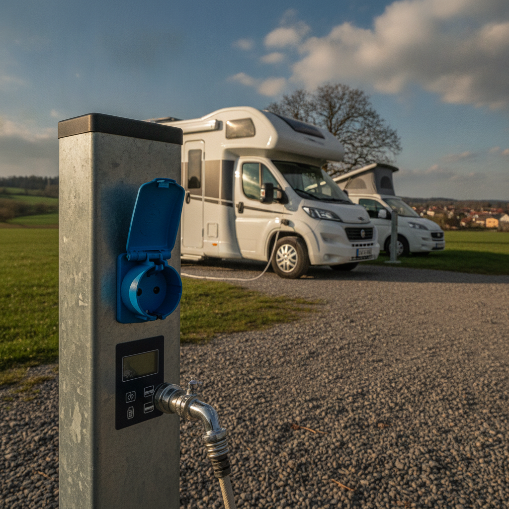 A German Stellplatz electric hook-up bollard with water tap and payment machine