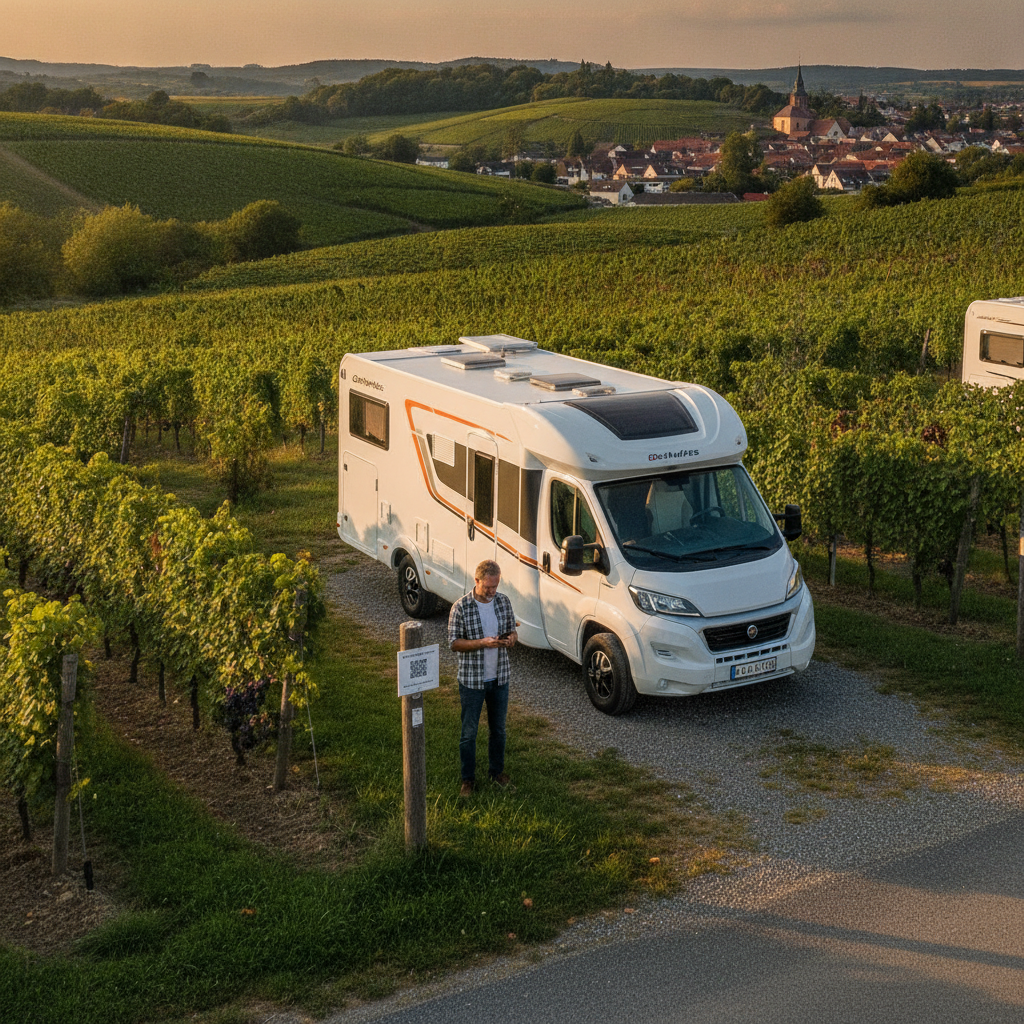 A motorhome owner paying via QR code at a rural German Stellplatz with a vineyard in the background