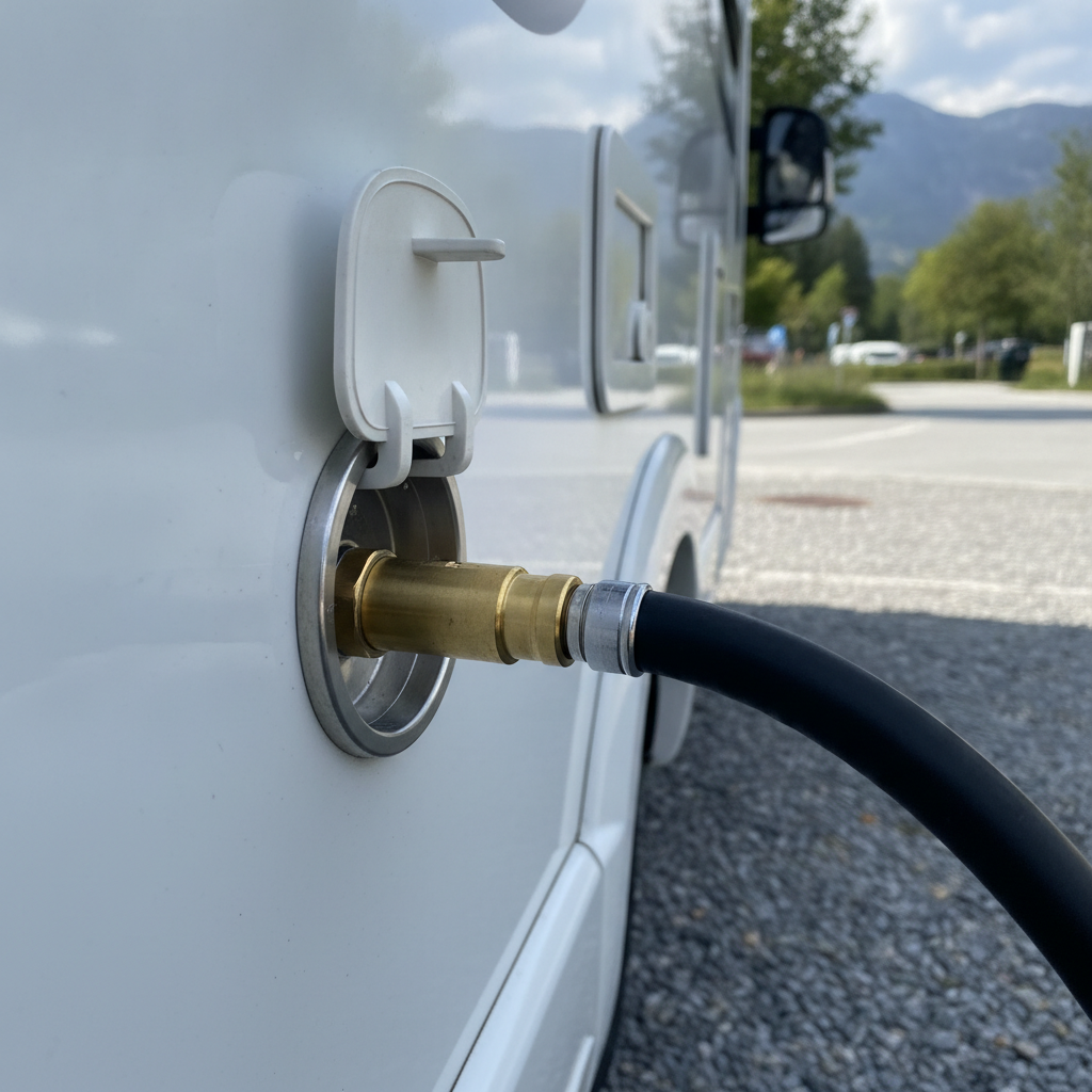 Close-up of a motorhome's external LPG filler point with the ACME bayonet connector visible