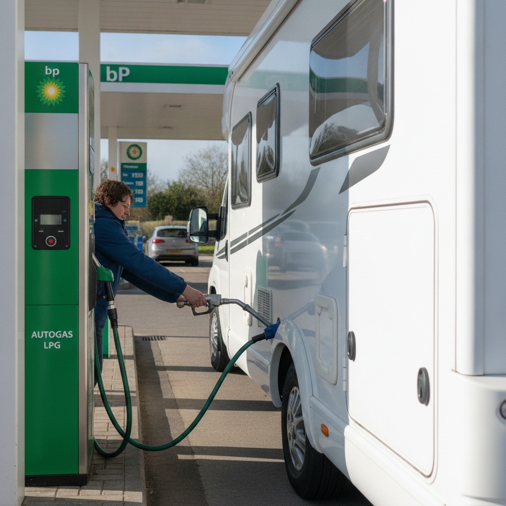 Hands connecting an autogas LPG pump nozzle to a motorhome filler point at a UK forecourt