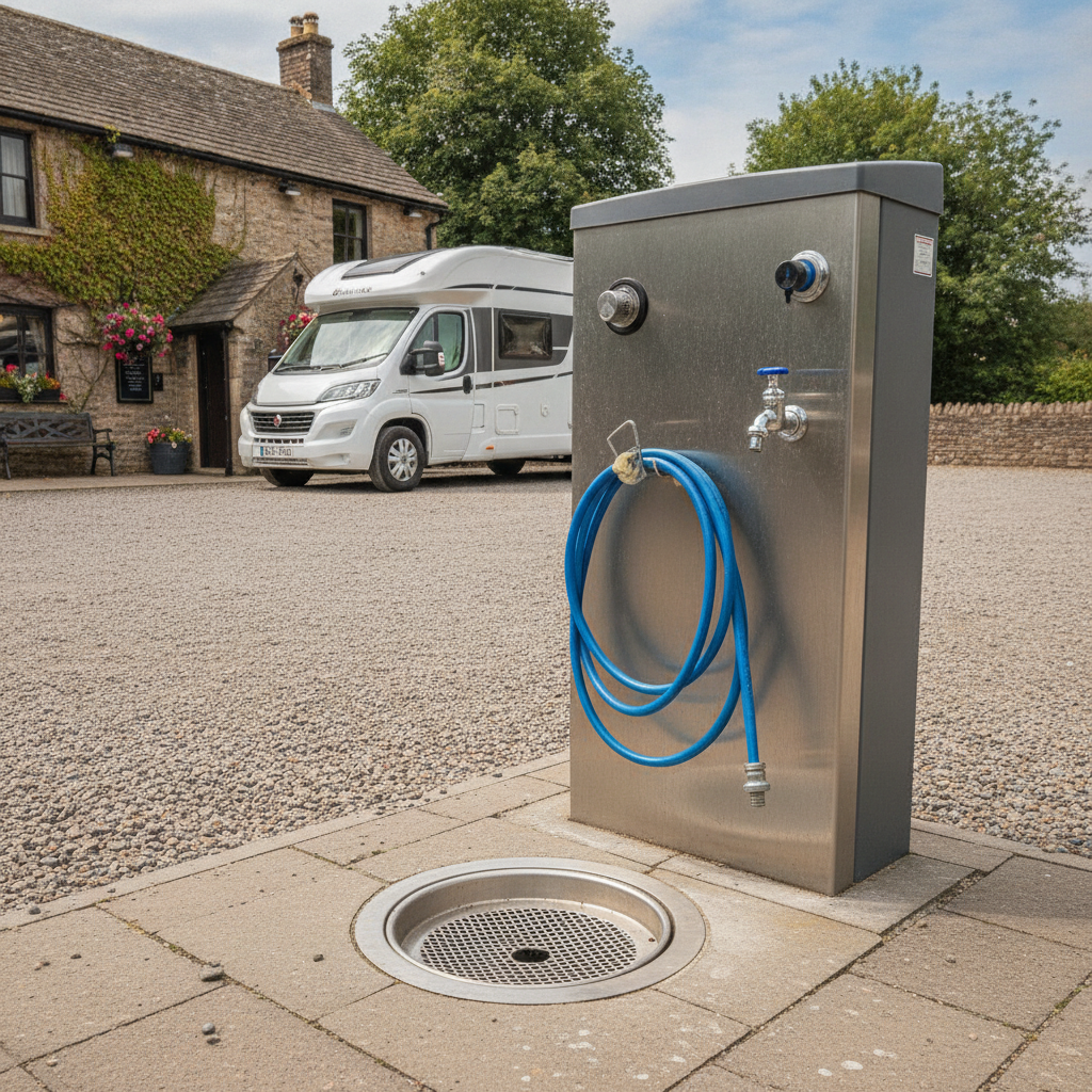 Close-up of a motorhome service point showing cassette disposal drain and fresh water tap at a UK pub stopover
