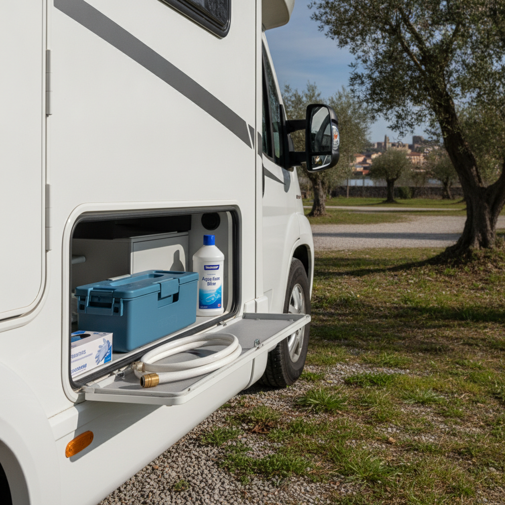 Motorhome cassette locker with chemical toilet cassette, disposable gloves, Aqua Kem fluid and water hose adaptor