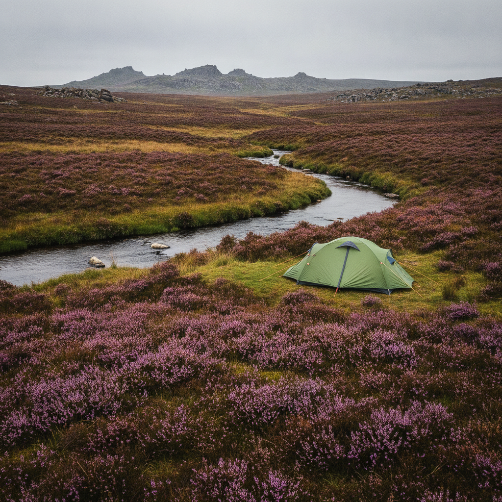 Open Dartmoor moorland with heather in the foreground and granite tors in the distance, showing wild camping terrain