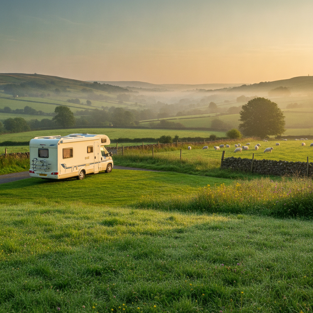 Motorhome at a small farm campsite in rural Wales with a green valley and sheep visible in the background