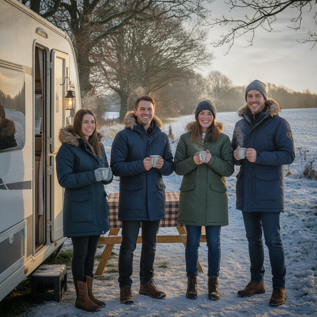 Family with hot drinks outside a touring caravan at a UK campsite in winter