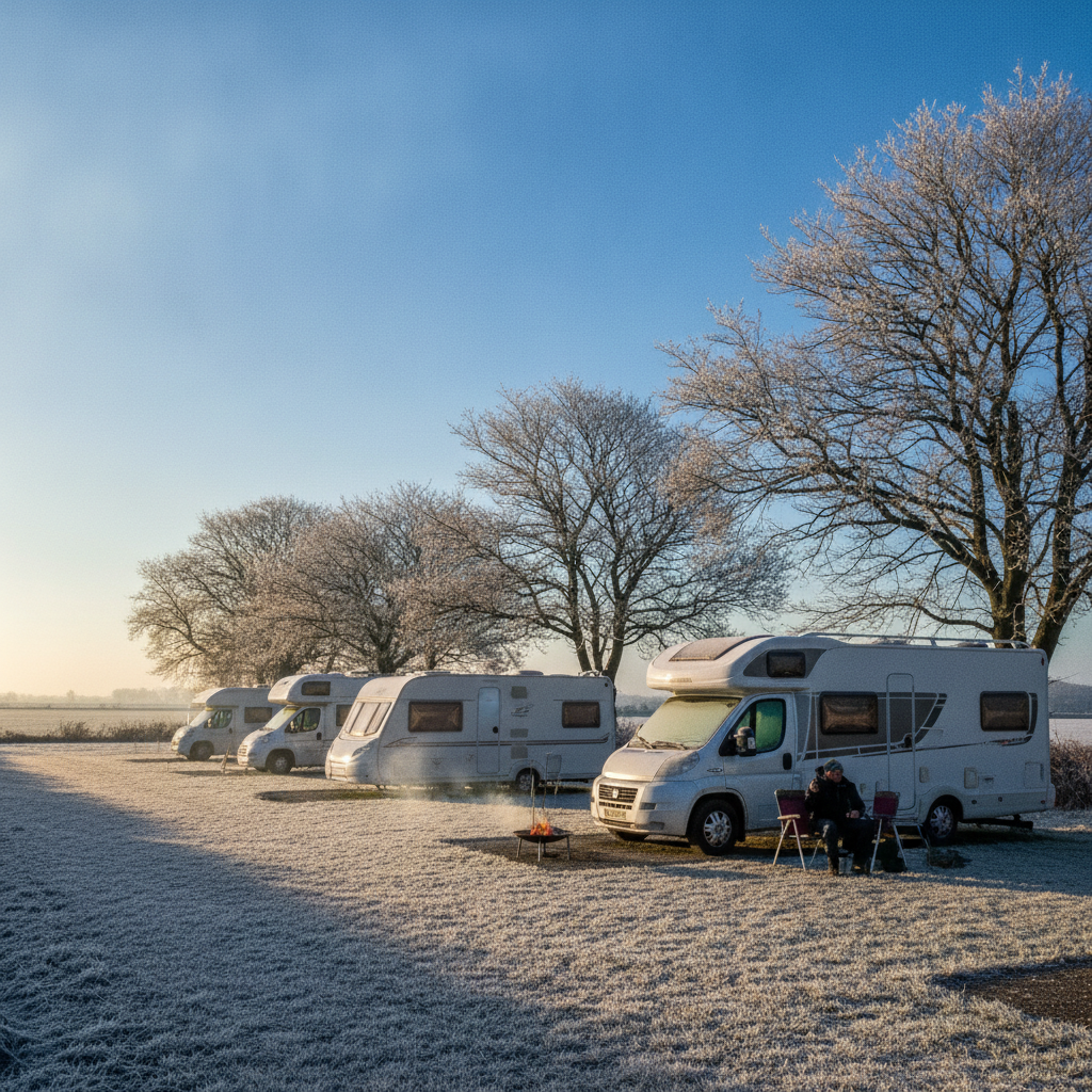 Frost-covered UK campsite with motorhomes and caravans on hardstanding pitches in winter